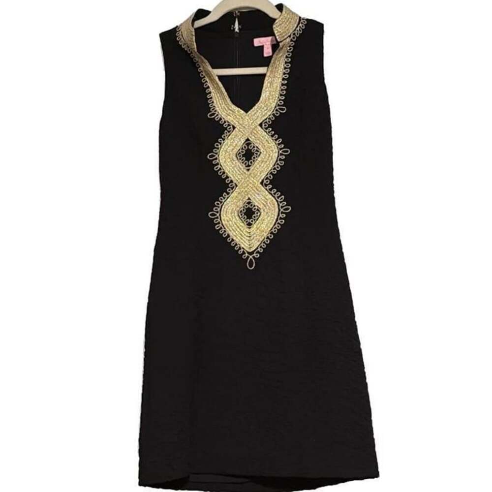 Lilly Pulitzer Alexa Shift Dress Black and Gold Embroidery Onyx Size 4 - Picture 4 of 5